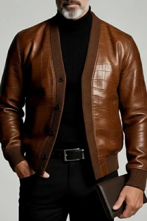 Men Brown Faux Crocodile Pattern Bomber Jacket Spring V-Neck Button-Up Pu Leather Outerwear Vintage Cardigan Casual Jacket Coat