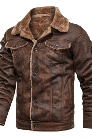 Man Leather Jacket Winter New High Street Turn Down Collar Male Bomber Outerwear Single-breasted Long Sleeve Men Plush Coat
