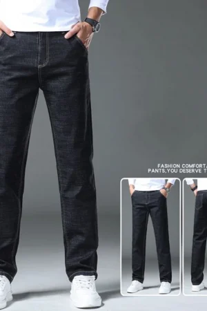 Fashion Men Stretch Baggy Straight Leg Jeans Business Casual Versatile Comfortable Denim Pants Male Daily Black Blue Trousers