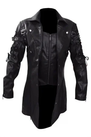 New Steampunk Men's Gothic Trench Coat Leather Jacket Punk Style Biker Jacke Autumn Winter Motocycle Jacket