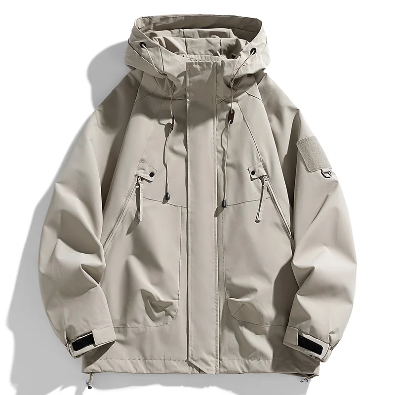 Windbreakers Men Hooded Jacket Zipper Coat Cargo Waterproof Black Bomber Camping Loose Thin Softshell Hooded Hiking Jacket