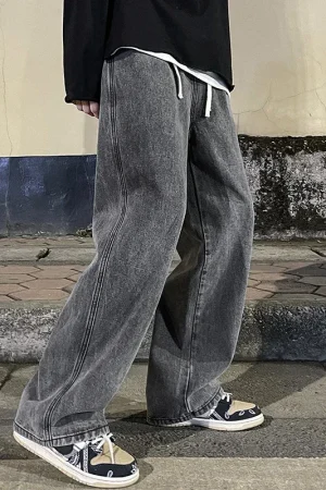2024 New Men's Jeans Korean Casual Pants High Street Straight Student Loose Wide Black Grey Blue Baggy Denim Pants