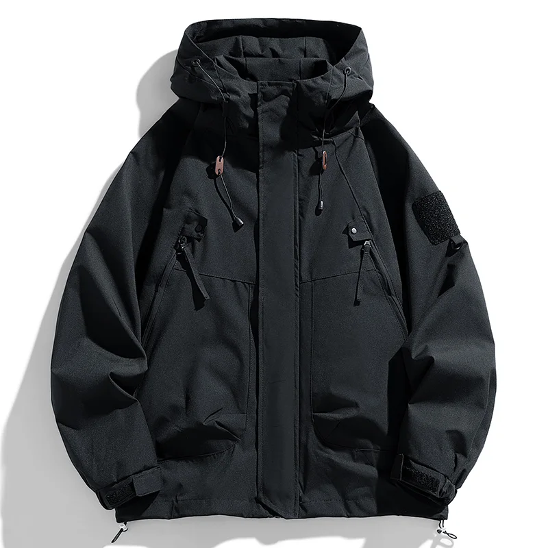 Windbreakers Men Hooded Jacket Zipper Coat Cargo Waterproof Black Bomber Camping Loose Thin Softshell Hooded Hiking Jacket - Image 4