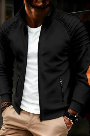 Men's high-neck zip-up casual bomber jacket with side pockets, solid color, pleated design, autumn/winter everyday outerwear.